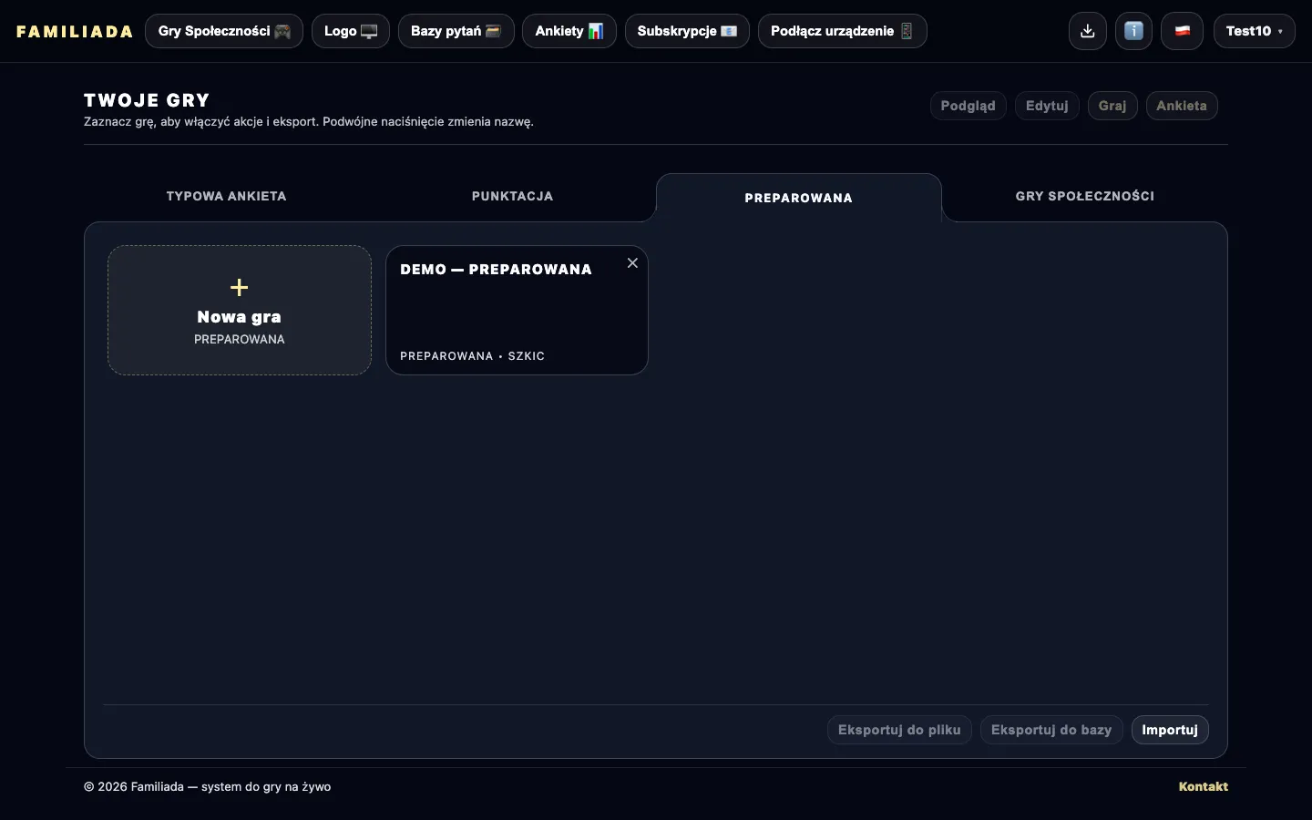 Tworzenie nowej gry Familiada online - wybór trybu ankiety lub gry preparowanej